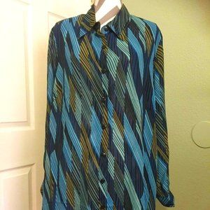 NWT! MAGIC ~ Multi-color Print 100% Poly Button Down  Long Sleeve Blouse ~ Sz.1X